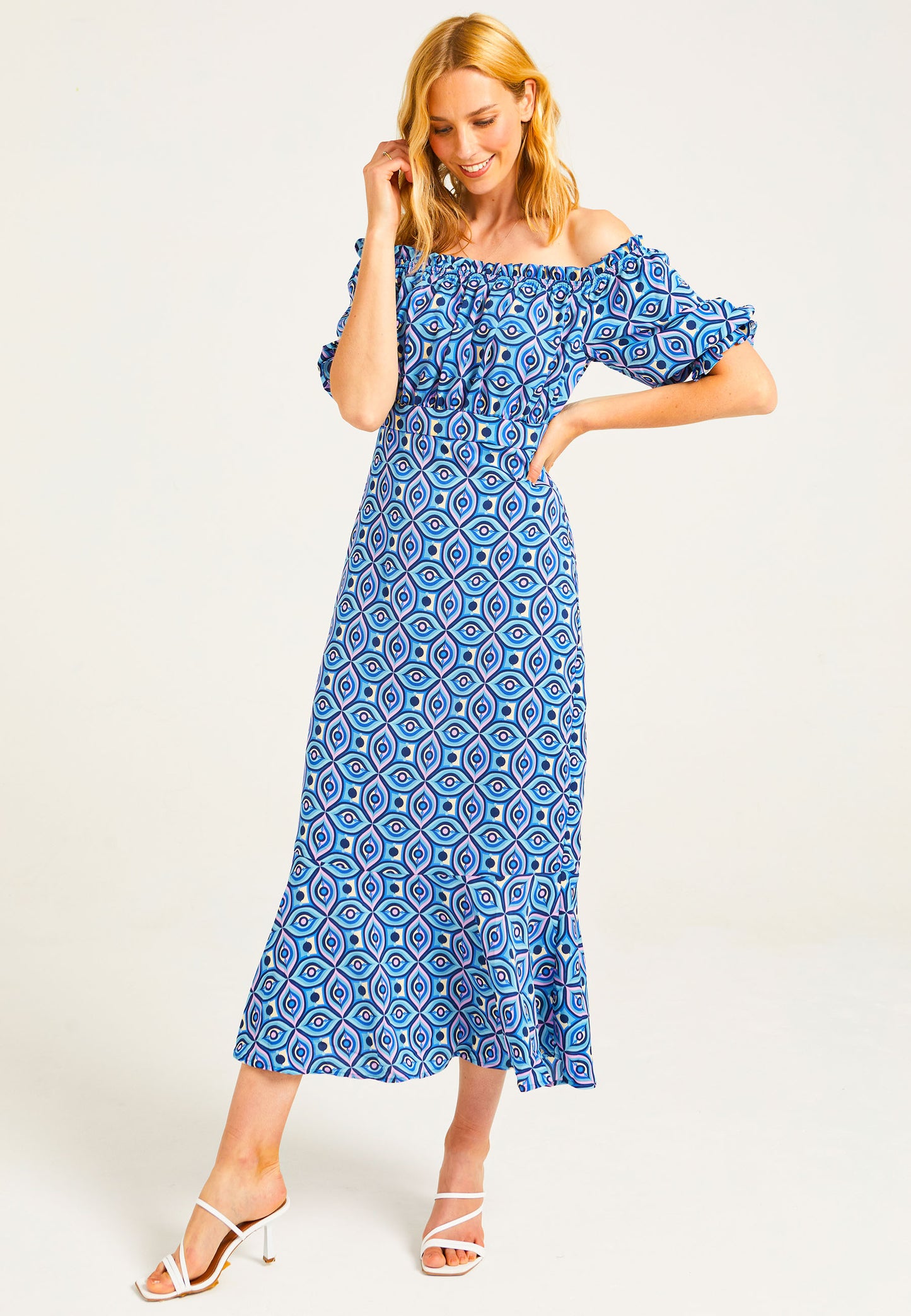 Geometric Print Midaxi Tea Dress in Blue