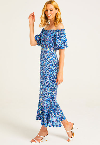 Geometric Print Midaxi Tea Dress in Blue - ANGELEYE