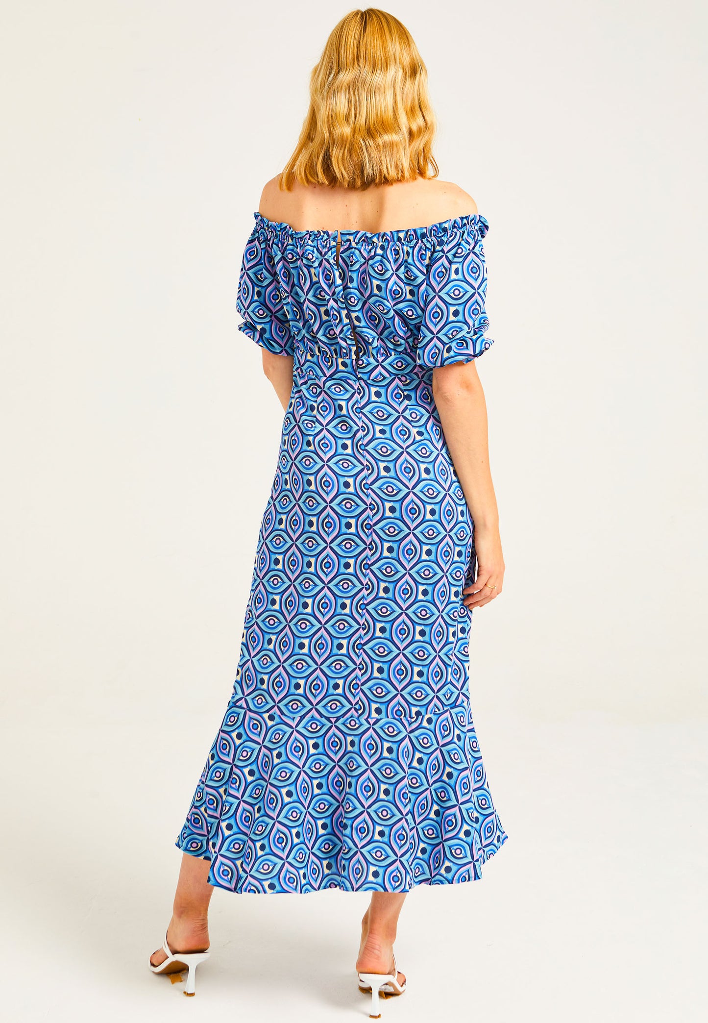 Geometric Print Midaxi Tea Dress in Blue