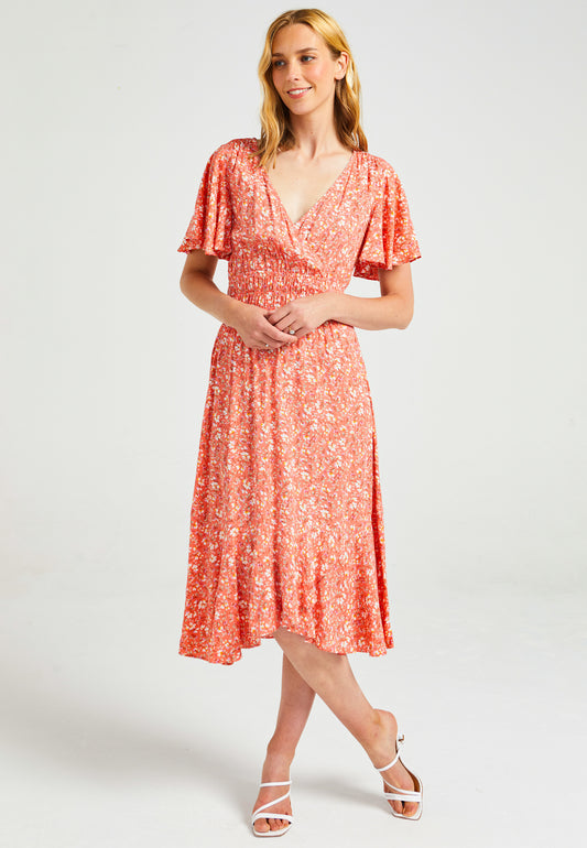 Flutter Sleeves Midi Dress With Elasticated Waist & Asymmetrical Hem