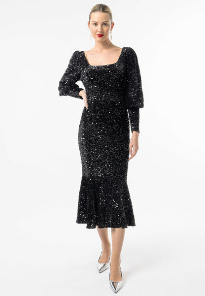 Sequin Velvet Bodycon Long Sleeve Evening Dress In Black - ANGELEYE