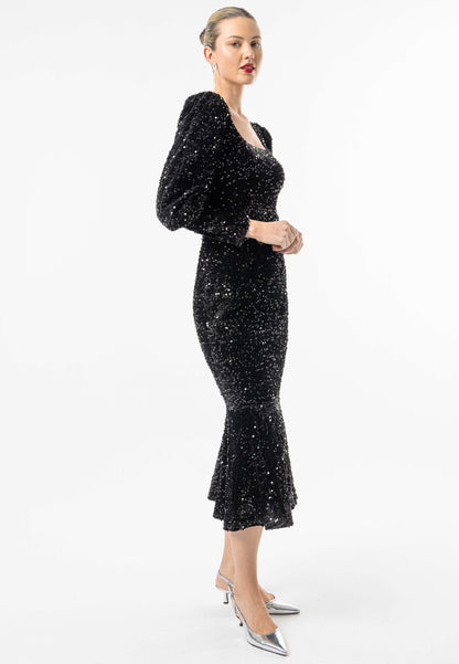 Sequin Velvet Bodycon Long Sleeve Evening Dress In Black - ANGELEYE