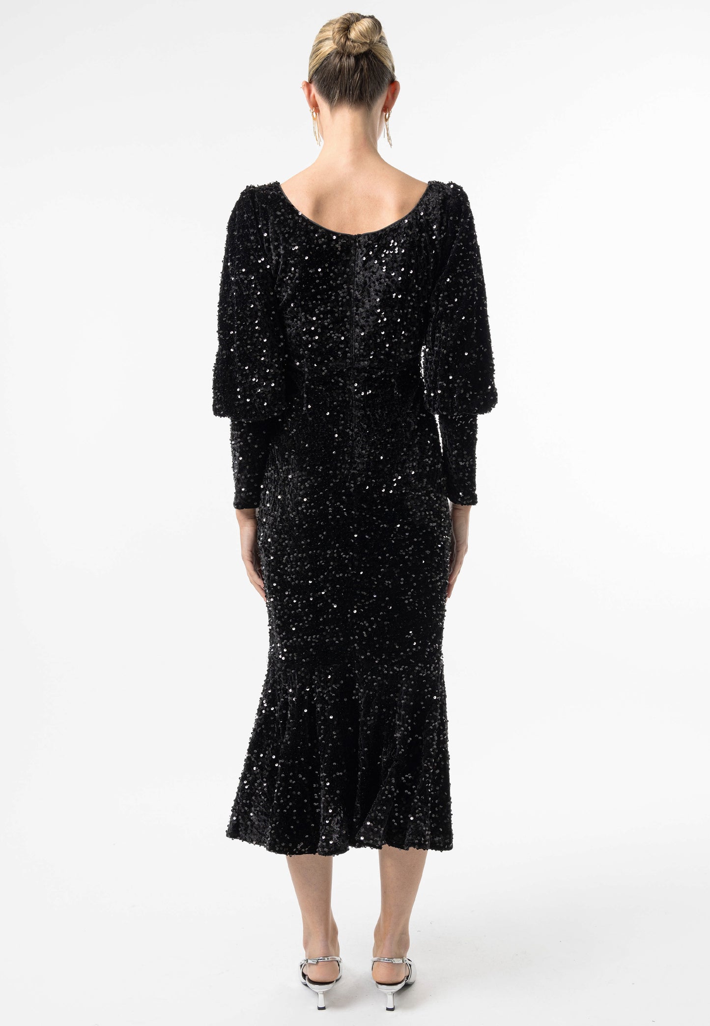 Sequin Velvet Bodycon Long Sleeve Evening Dress In Black