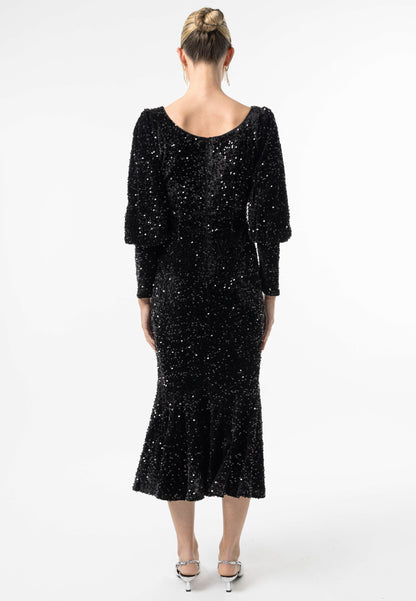 Sequin Velvet Bodycon Long Sleeve Evening Dress In Black - ANGELEYE