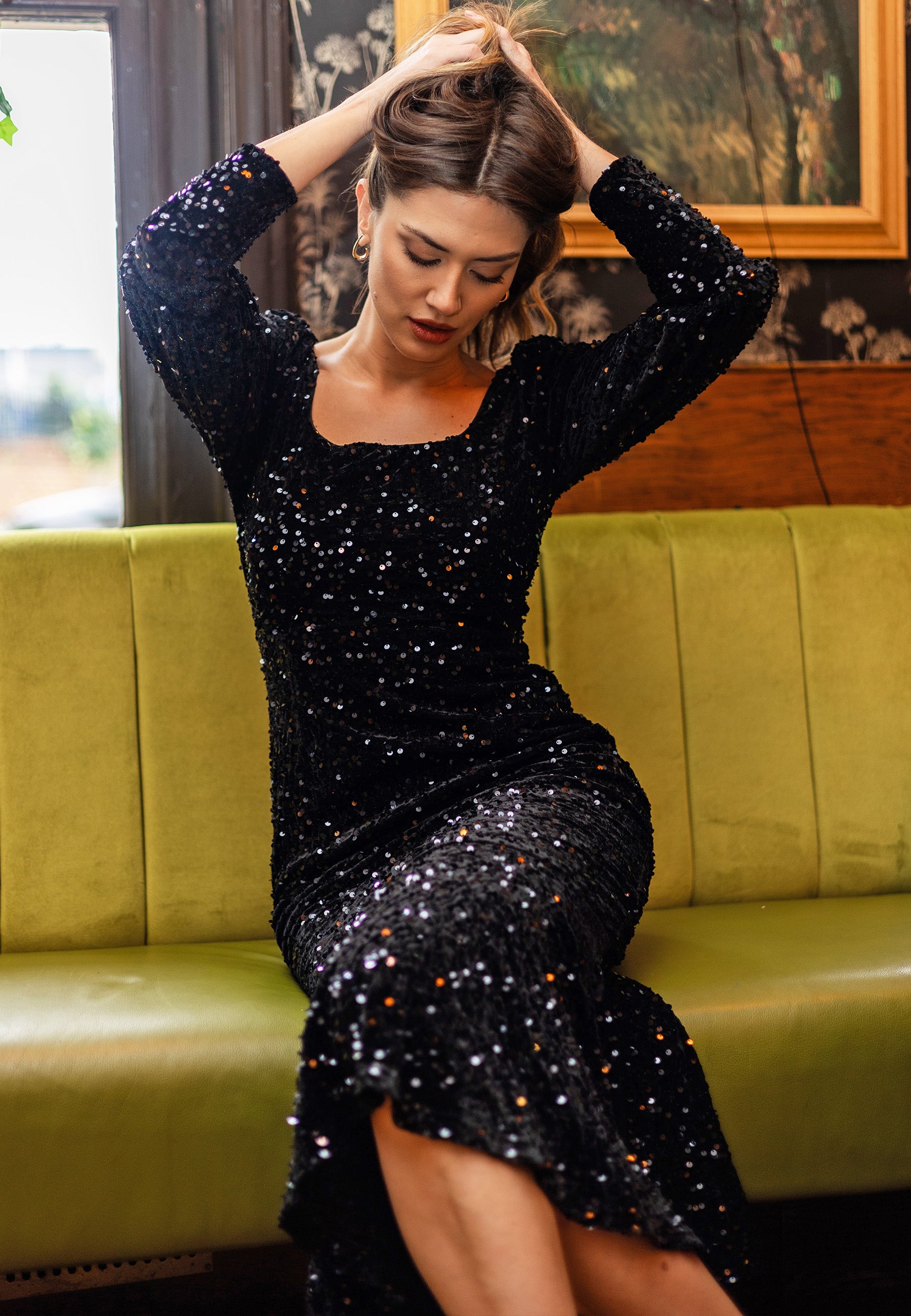 Sequin Velvet Bodycon Long Sleeve Evening Dress In Black - ANGELEYE