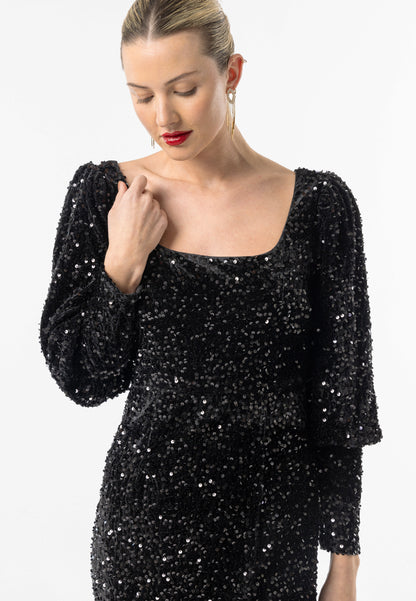 Sequin Velvet Bodycon Long Sleeve Evening Dress In Black - ANGELEYE