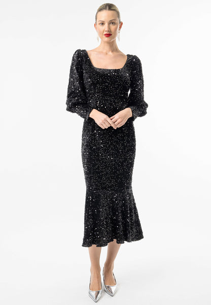 Sequin Velvet Bodycon Long Sleeve Evening Dress In Black - ANGELEYE