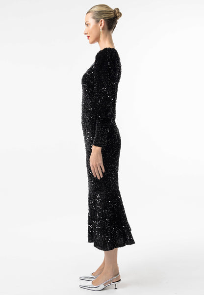 Sequin Velvet Bodycon Long Sleeve Evening Dress In Black - ANGELEYE