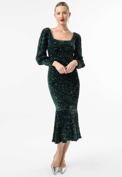 Sequin Velvet Bodycon Long Sleeve Evening Dress In Green - ANGELEYE