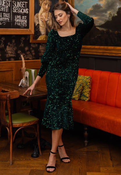 Sequin Velvet Bodycon Long Sleeve Evening Dress In Green - ANGELEYE