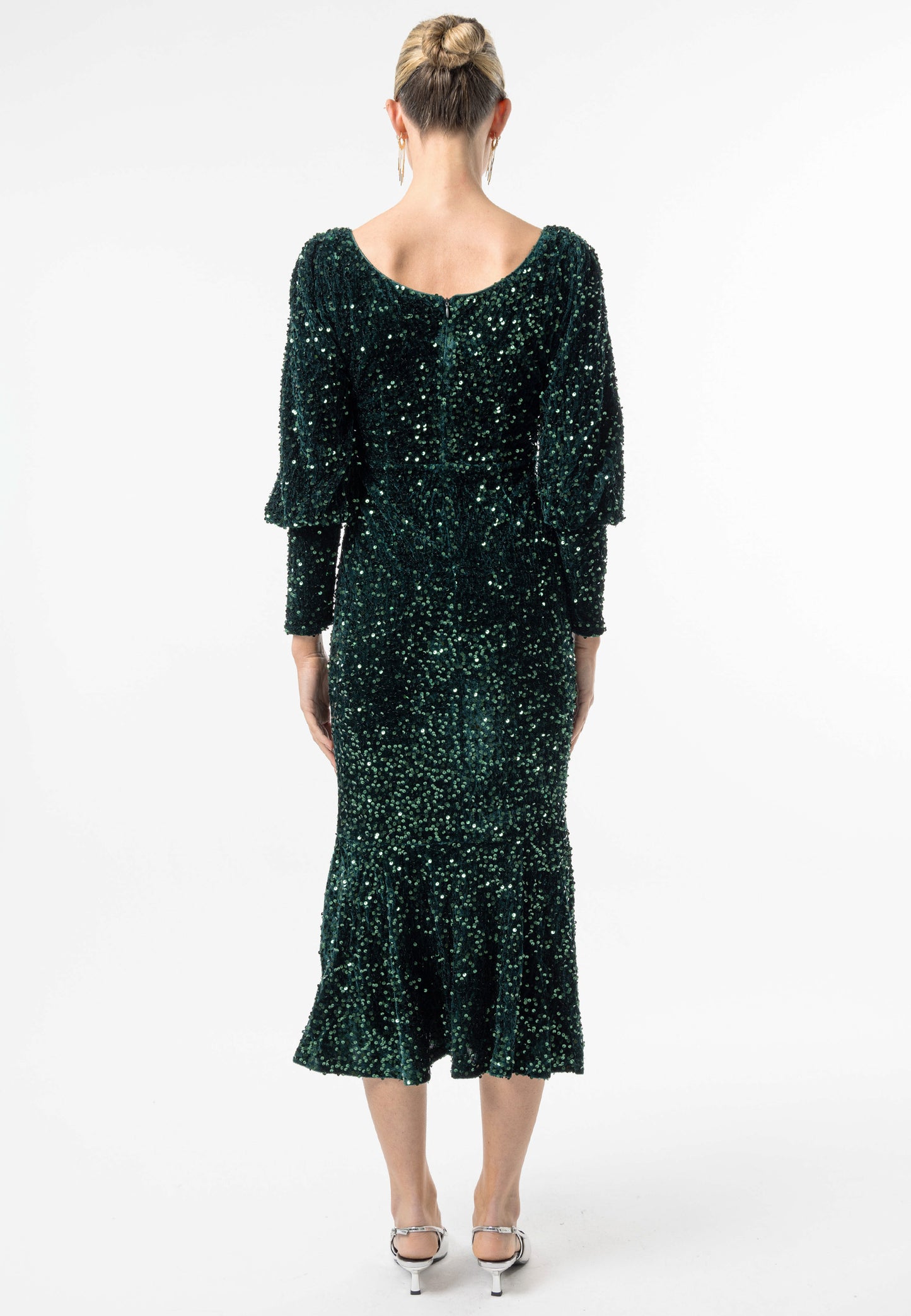 Sequin Velvet Bodycon Long Sleeve Evening Dress In Green - ANGELEYE