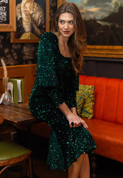 Sequin Velvet Bodycon Long Sleeve Evening Dress In Green - ANGELEYE