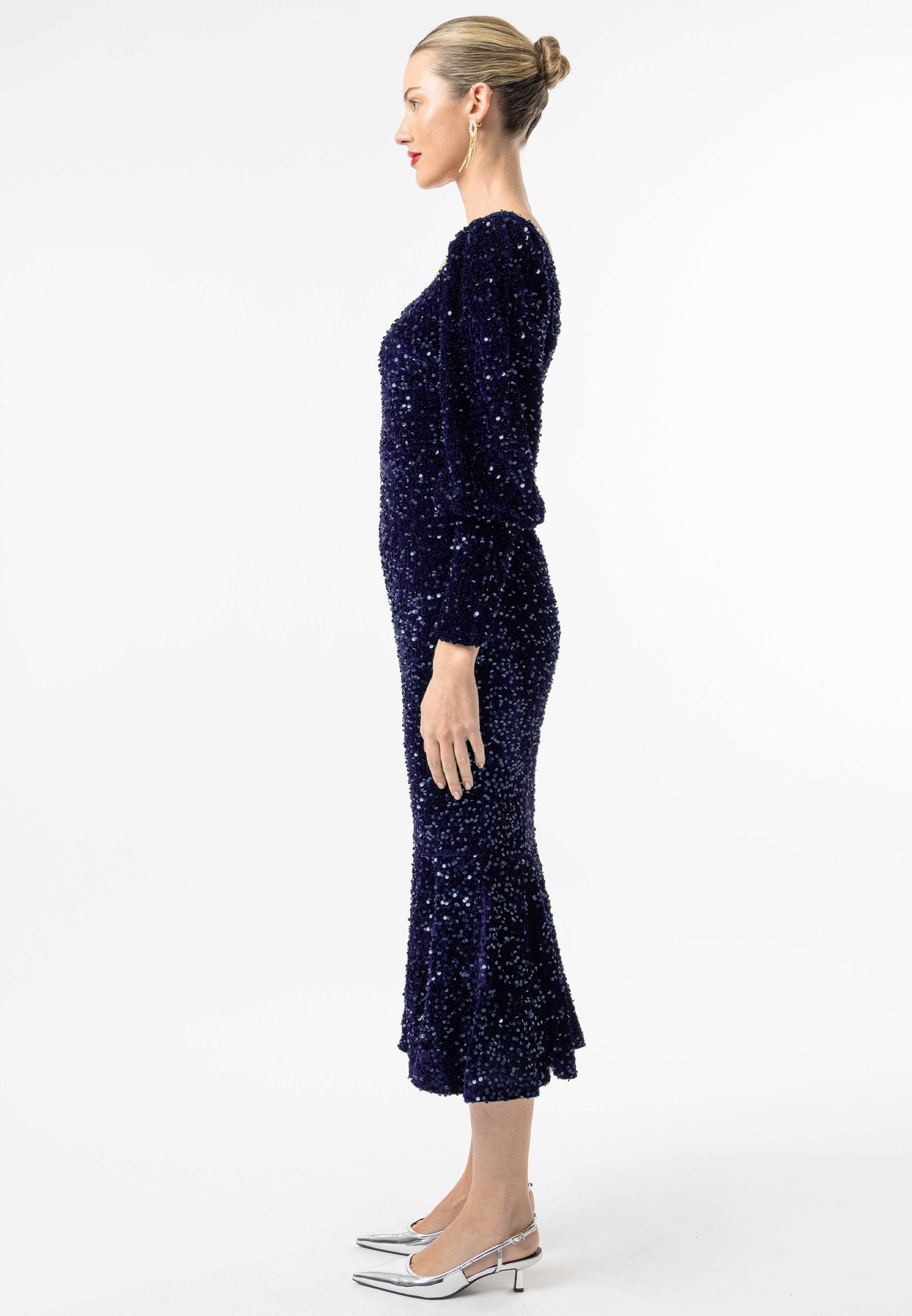 Sequin Velvet Bodycon Long Sleeve Evening Dress In Navy