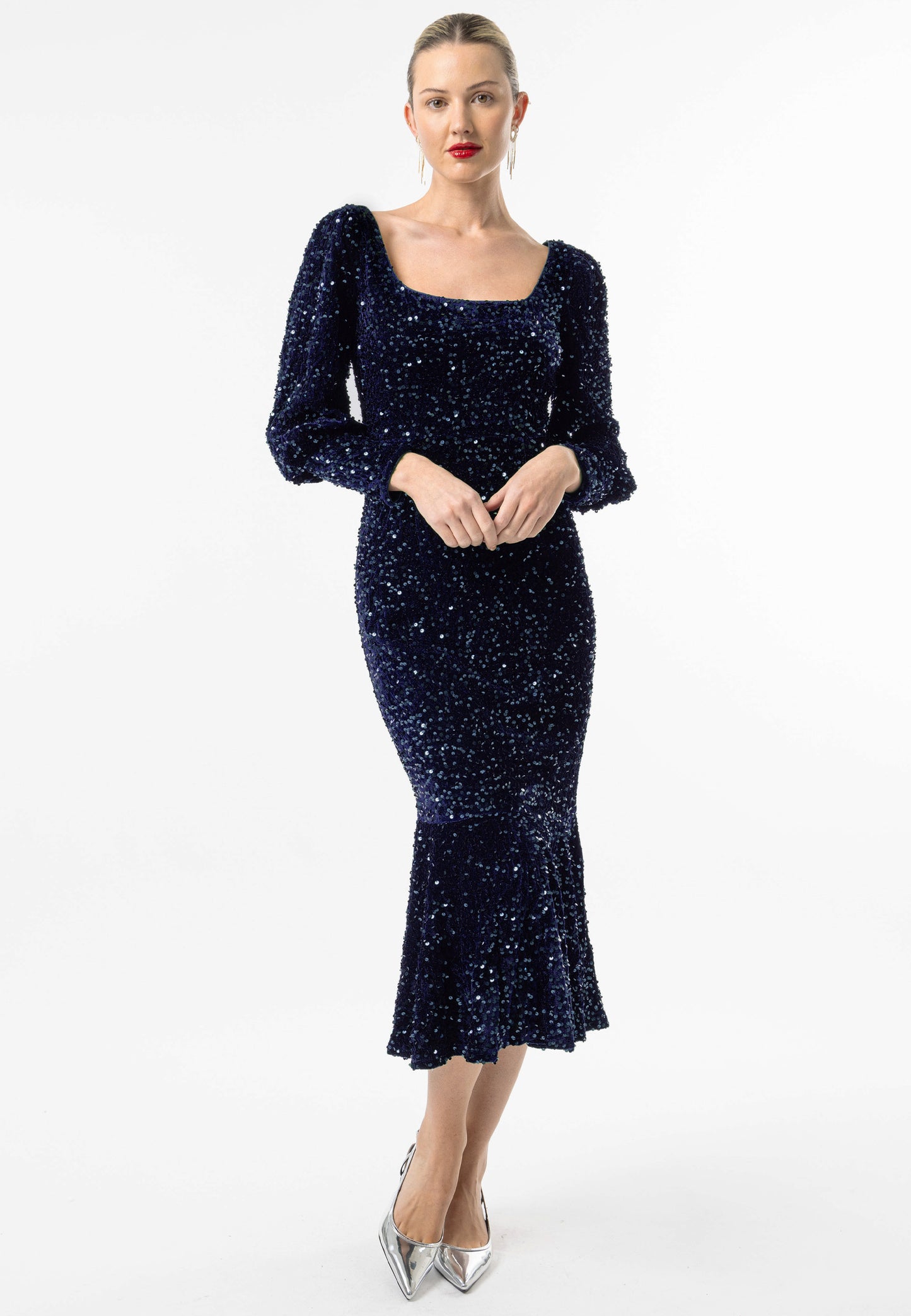 Sequin Velvet Bodycon Long Sleeve Evening Dress In Navy