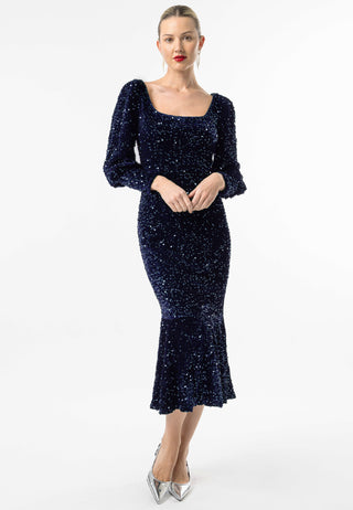 Sequin Velvet Bodycon Long Sleeve Evening Dress In Navy - ANGELEYE