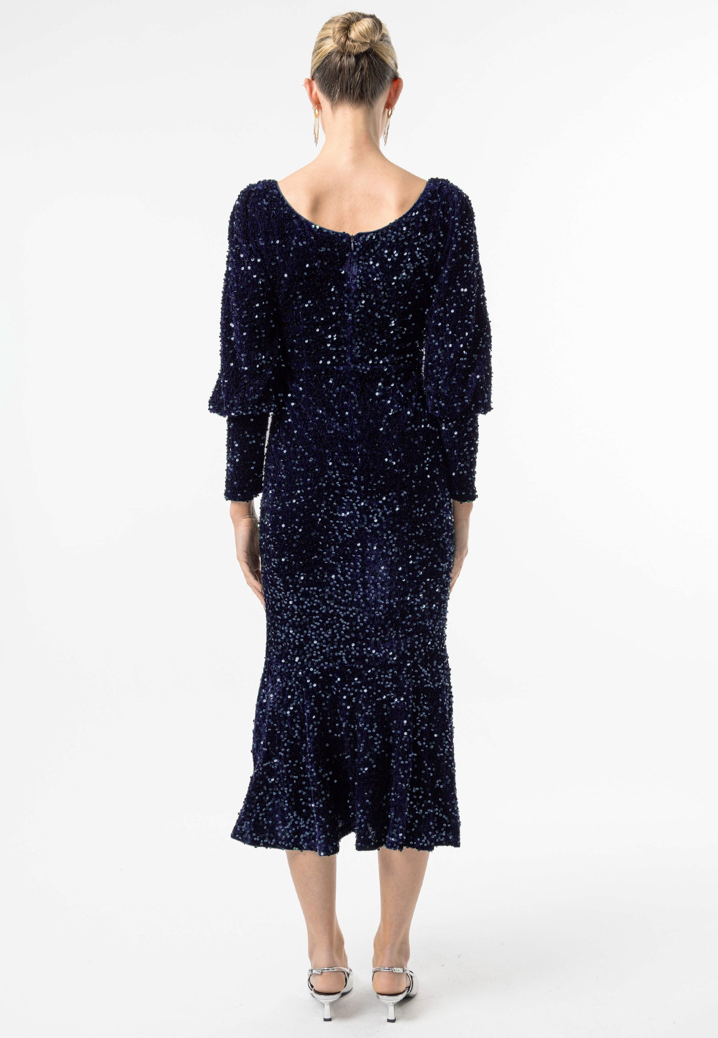 Sequin Velvet Bodycon Long Sleeve Evening Dress In Navy