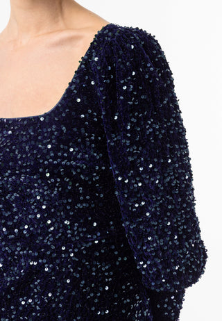 Sequin Velvet Bodycon Long Sleeve Evening Dress In Navy - ANGELEYE