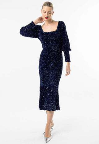 Sequin Velvet Bodycon Long Sleeve Evening Dress In Navy - ANGELEYE
