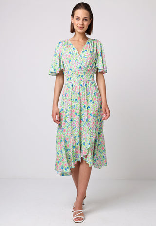 Shirred Waist Wrap Midi Dress in Green