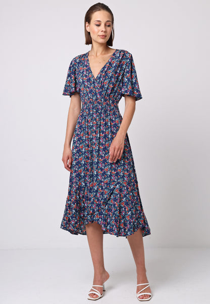 Shirred Waist Wrap Top Flutter Sleeve Midi Dress in Navy Floral