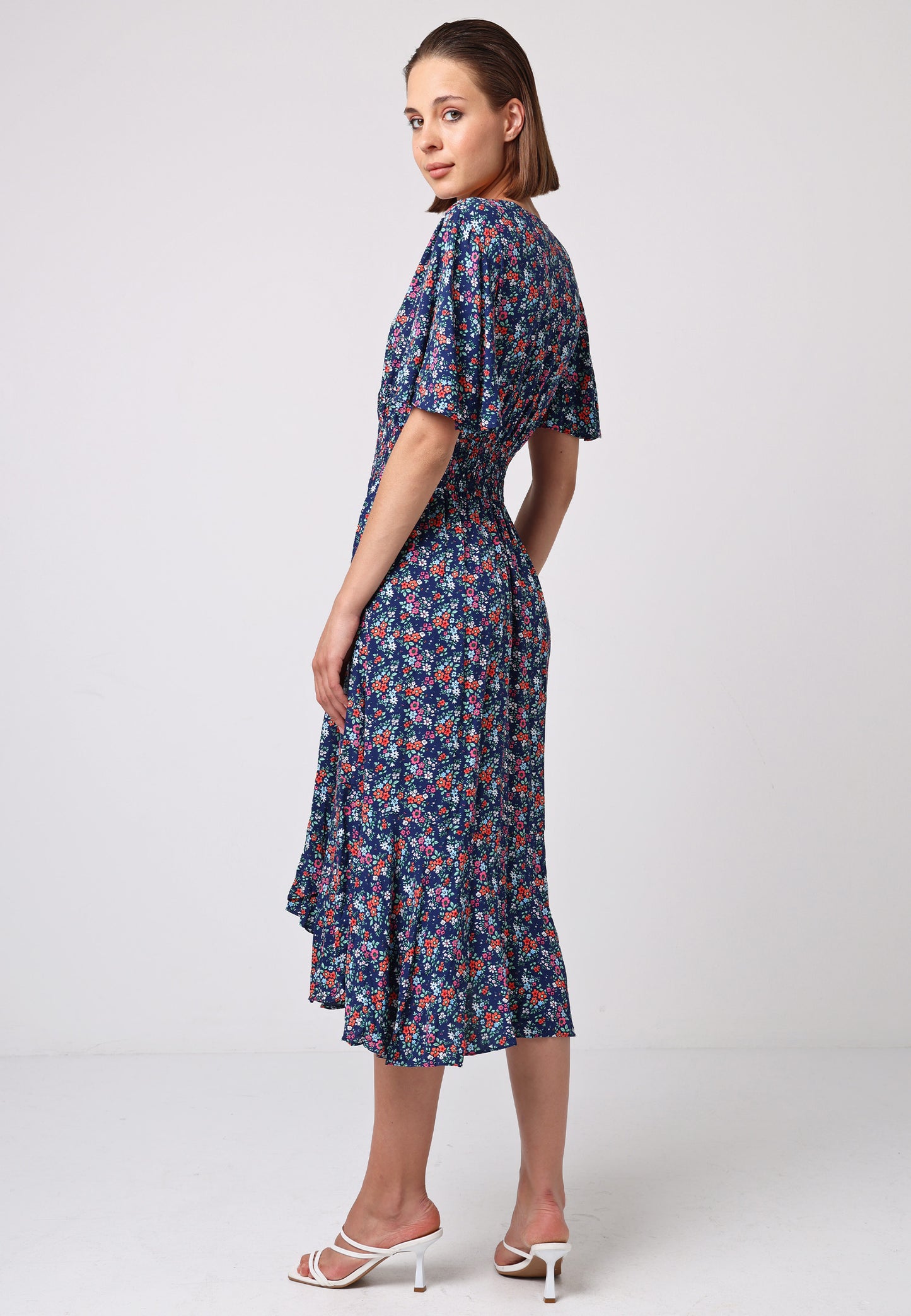 Shirred Waist Wrap Top Flutter Sleeve Midi Dress in Navy Floral