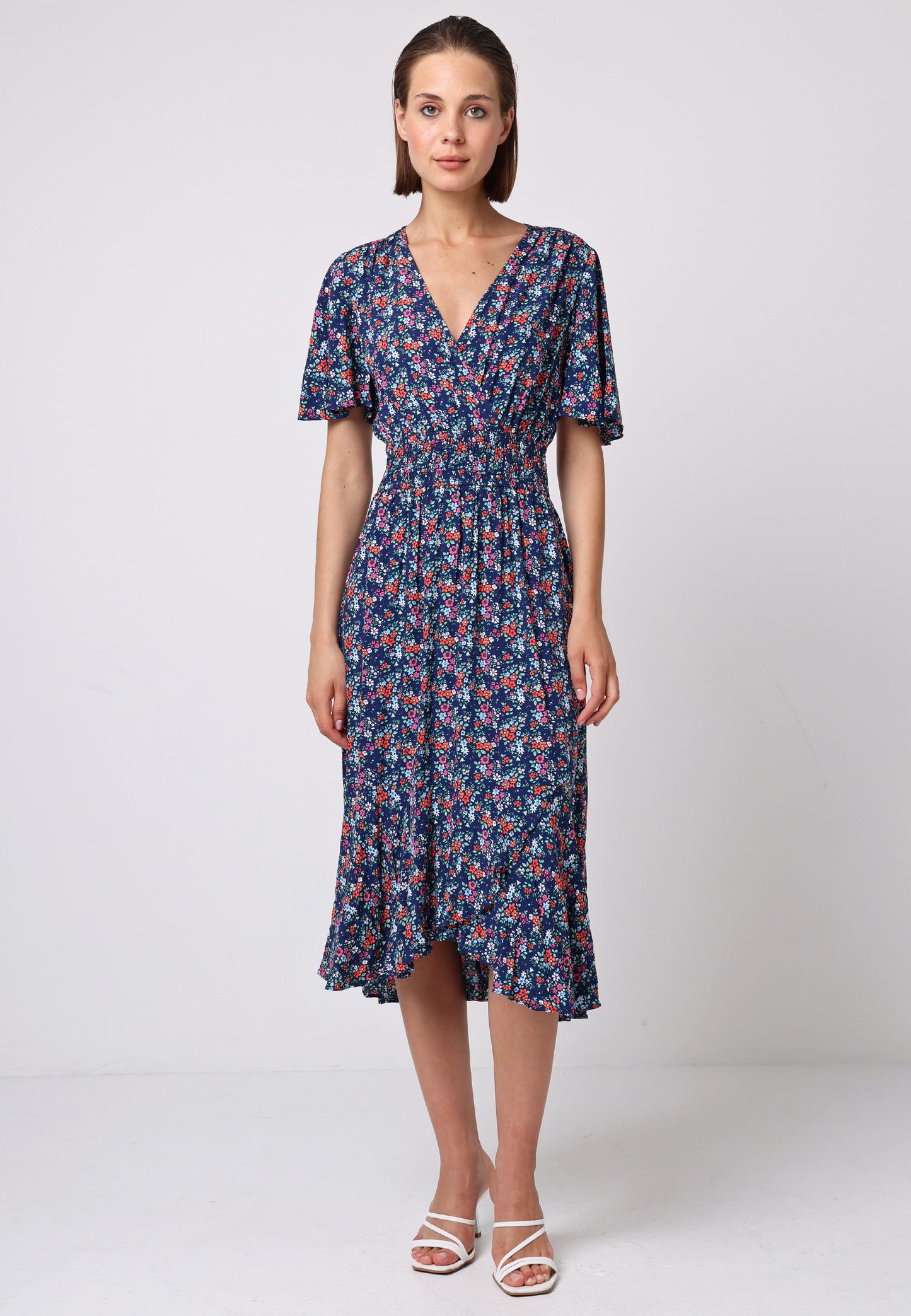 Shirred Waist Wrap Top Flutter Sleeve Midi Dress in Navy Floral