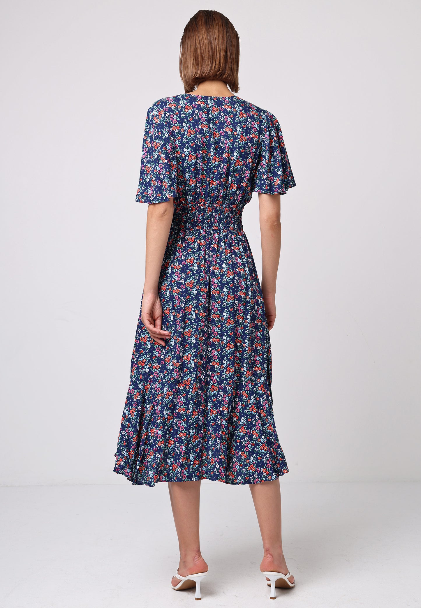 Shirred Waist Wrap Top Flutter Sleeve Midi Dress in Navy Floral