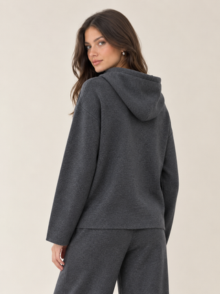 Drawstring Hooded Knitted Pullover Grey