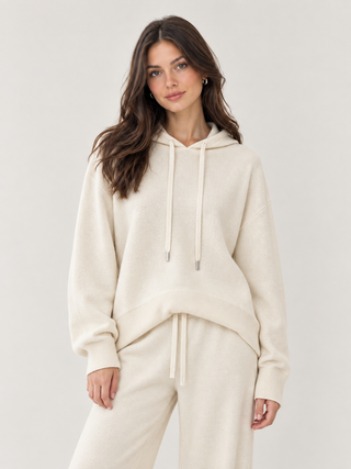 Drawstring Hooded Knitted Pullover Cream