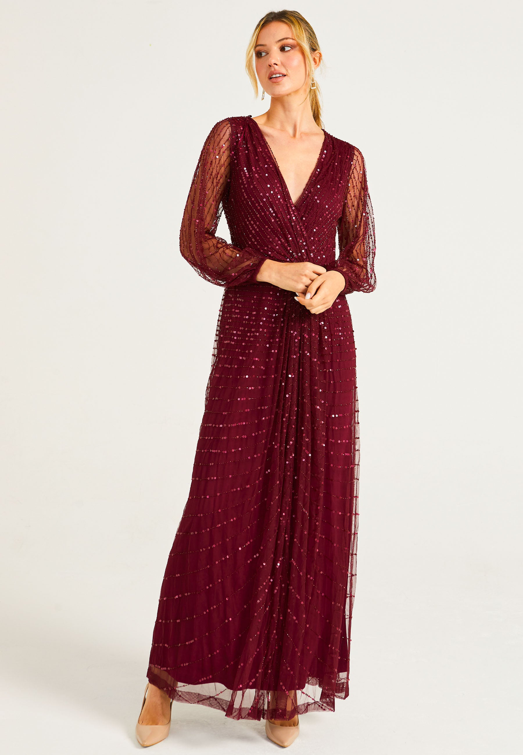 Embellished Long Mesh Sleeve Maxi Dress in Burgundy - ANGELEYE