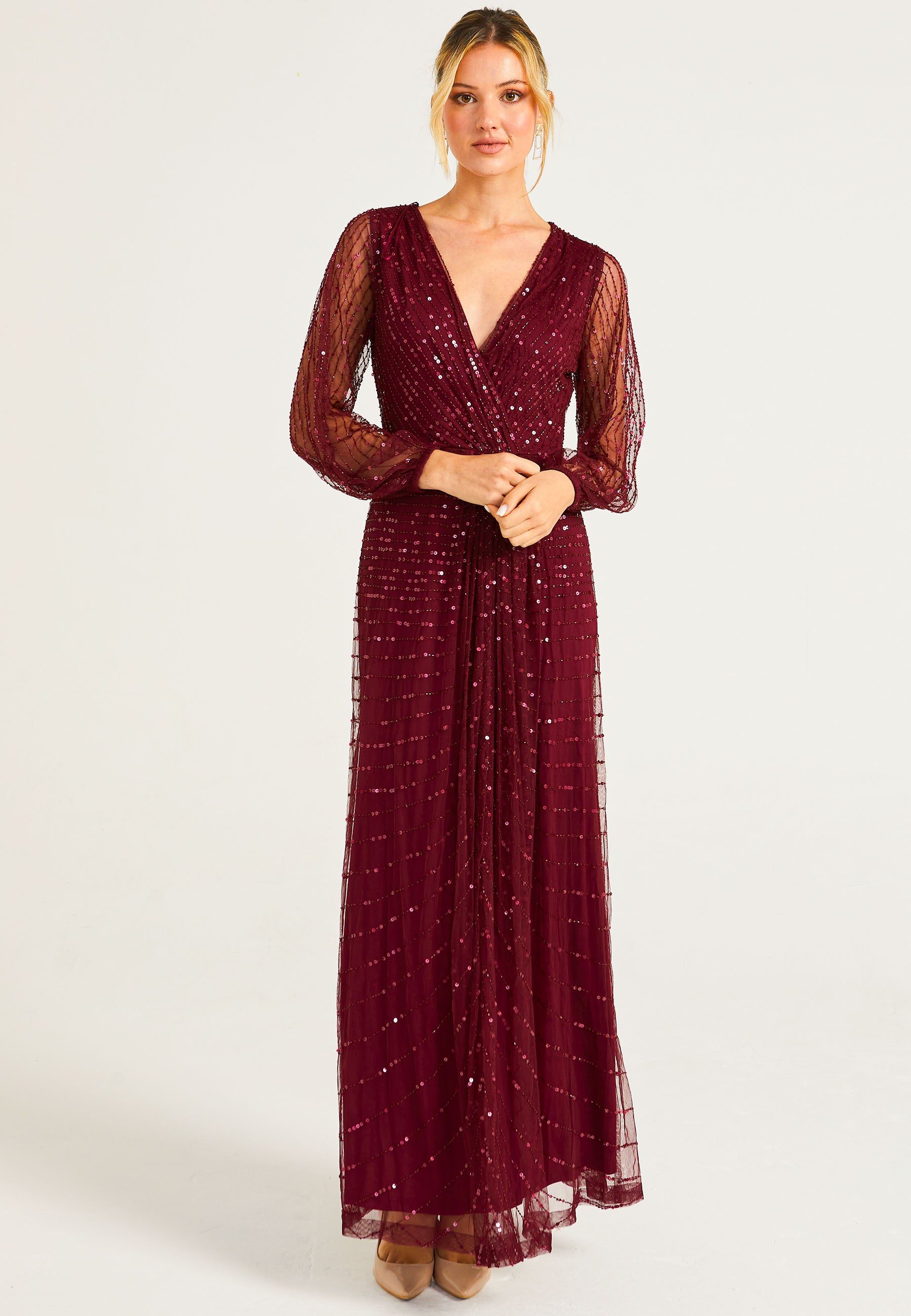 Embellished Long Mesh Sleeve Maxi Dress in Burgundy - ANGELEYE