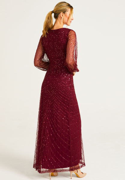 Embellished Long Mesh Sleeve Maxi Dress in Burgundy - ANGELEYE