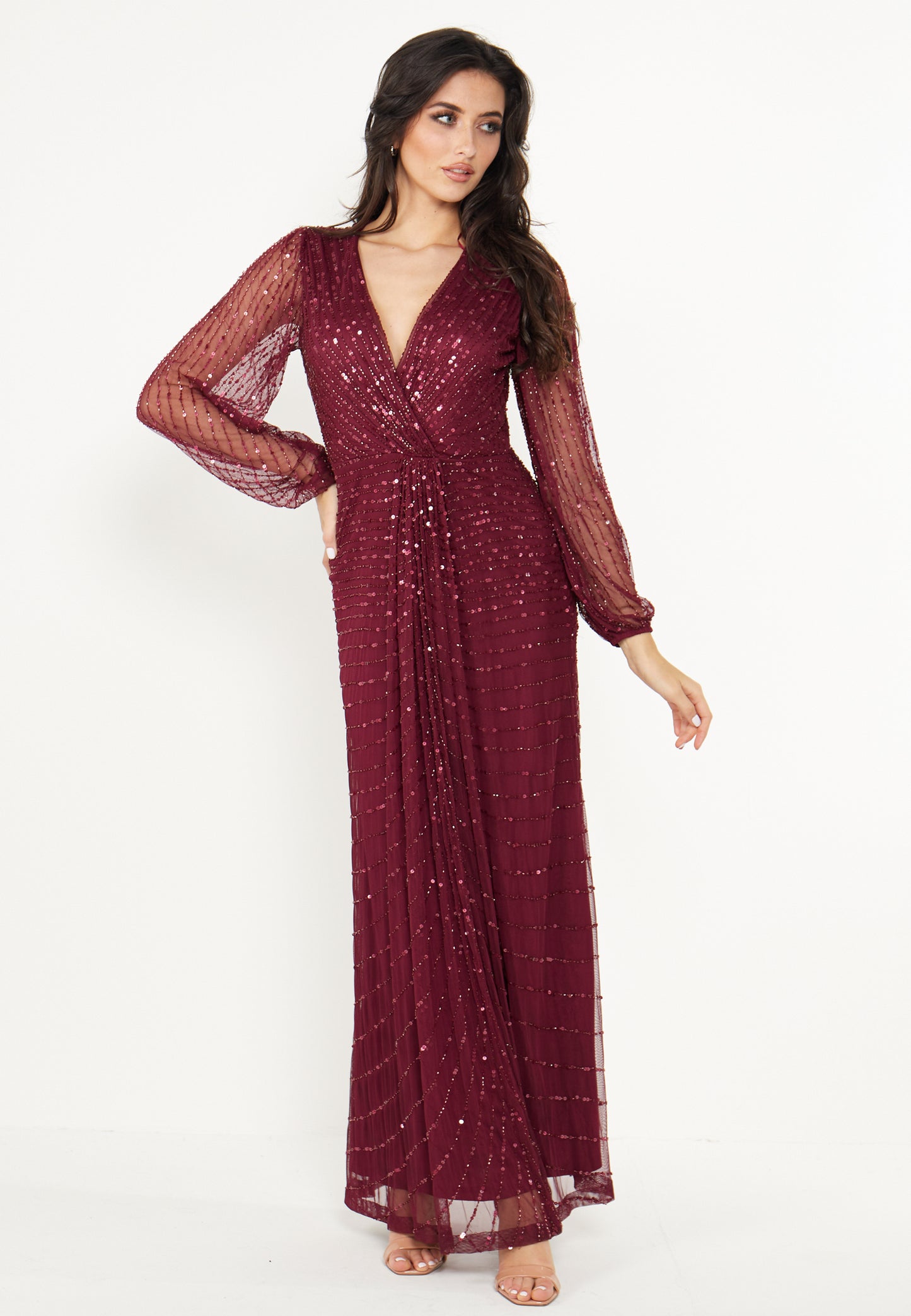 Sequin Beaded Long Mesh Sleeve Maxi Dress