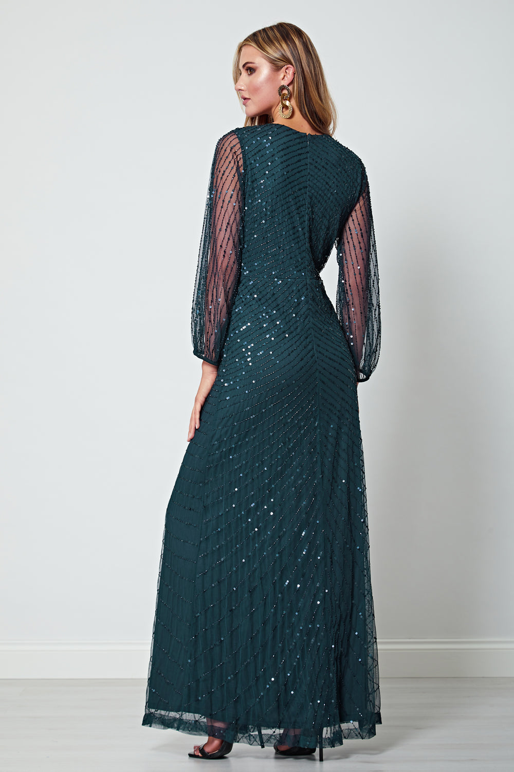 Sequin Beaded Long Mesh Sleeve Maxi Dress