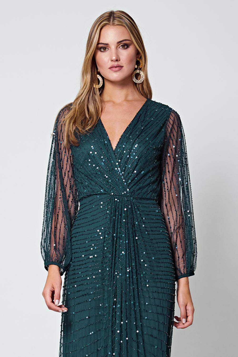 Sequin Beaded Long Mesh Sleeve Maxi Dress