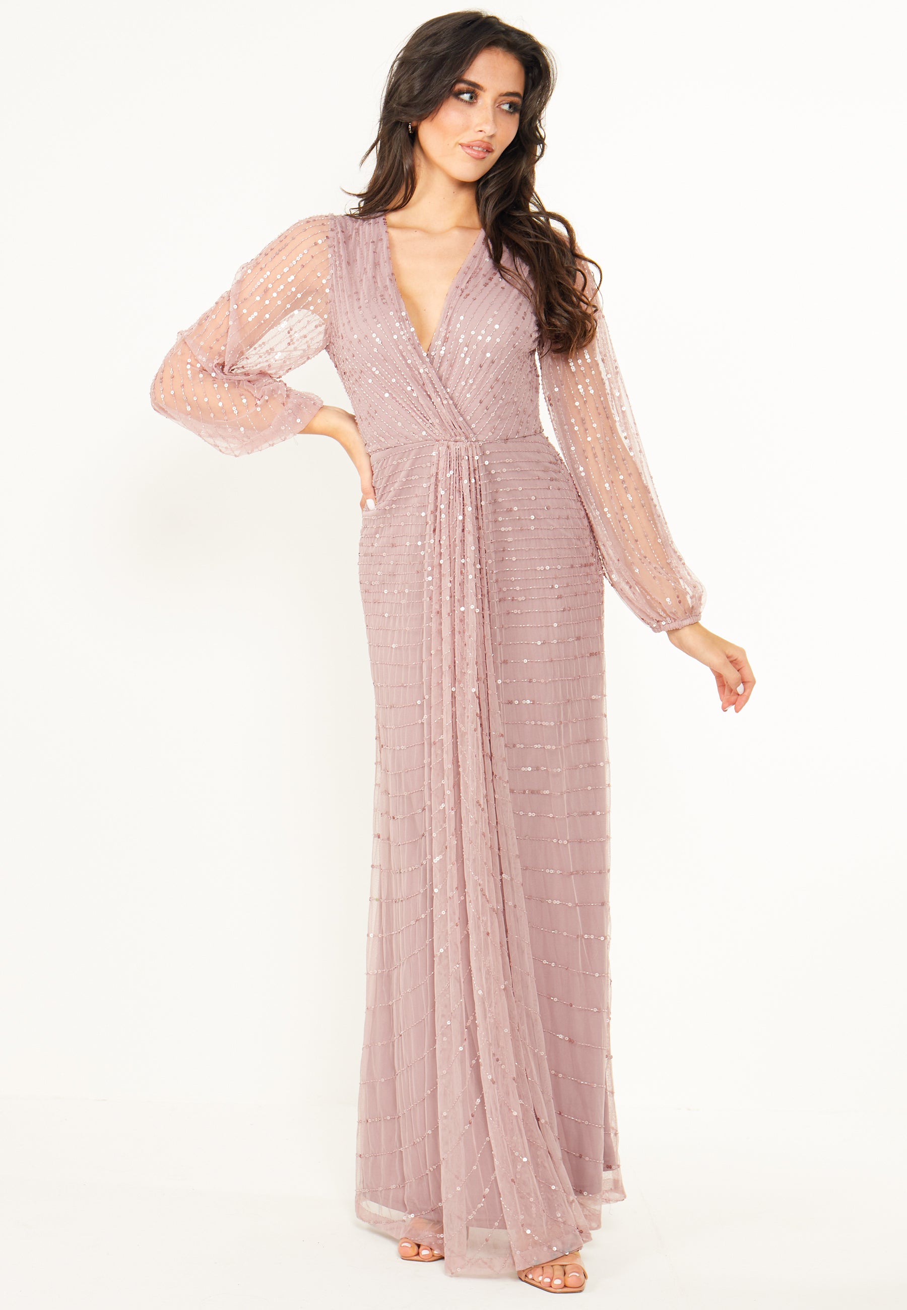 Embellished Long Mesh Sleeve Maxi Dress in Lavender - ANGELEYE