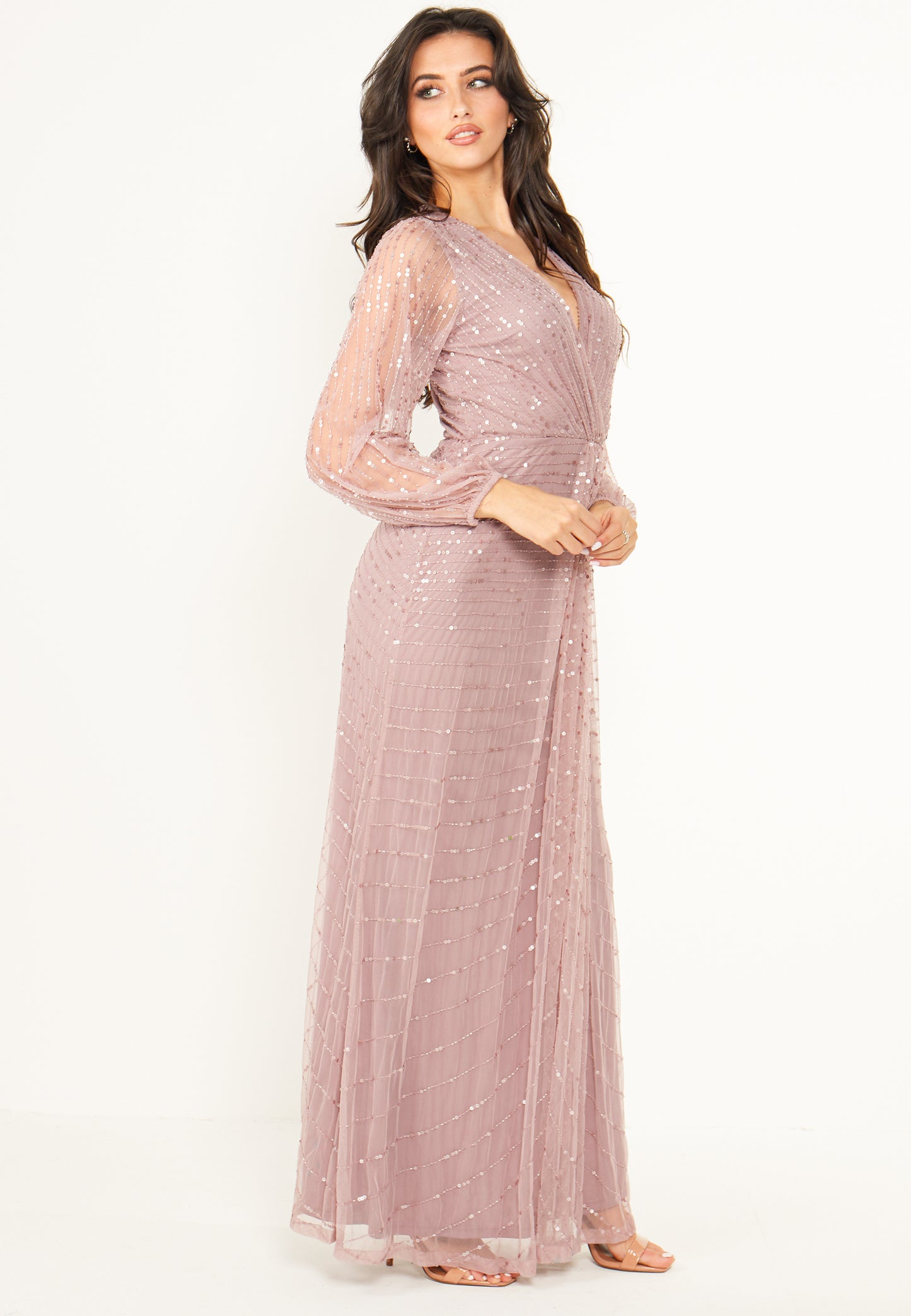 Sequin Beaded Long Mesh Sleeve Maxi Dress