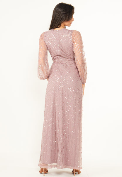 Embellished Long Mesh Sleeve Maxi Dress in Lavender - ANGELEYE