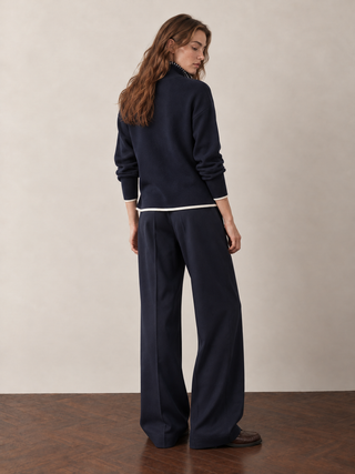Navy Cotton Half Zip High Neck Knitted Jumper