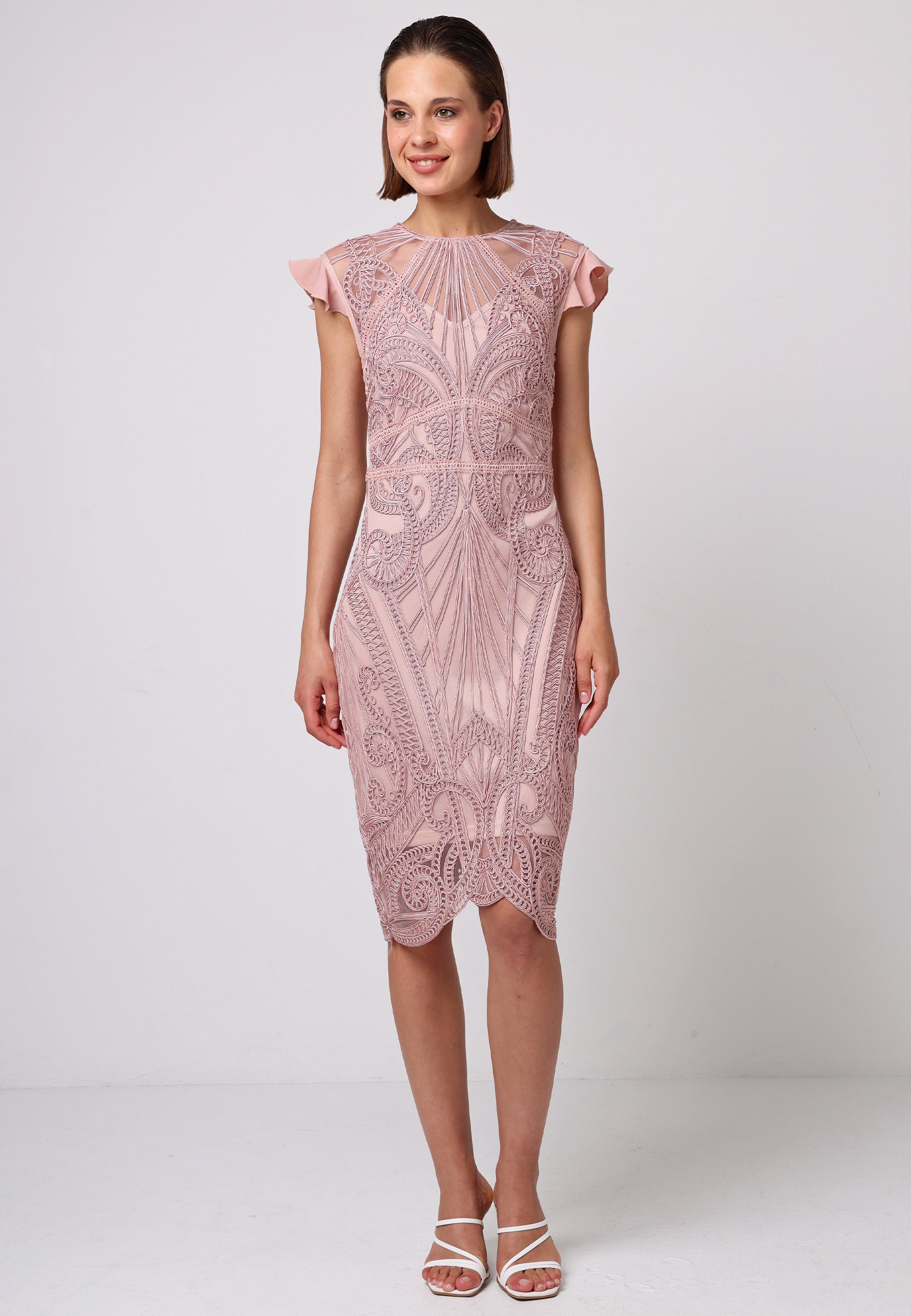 Lace Bodycon Midi Dress In Rose Pink |ANGELEYE Lace Bodycon Midi Dress In Rose Pink |ANGELEYE