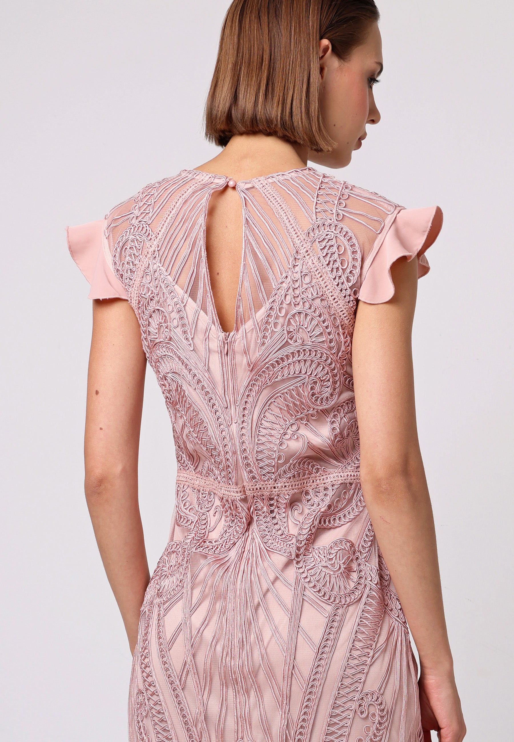 Lace Bodycon Midi Dress In Rose Pink |ANGELEYE Lace Bodycon Midi Dress In Rose Pink |ANGELEYE
