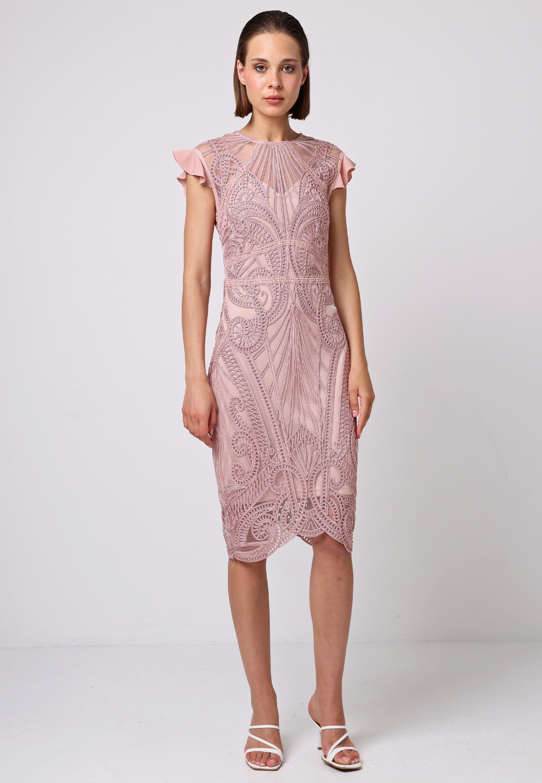 Lace Bodycon Midi Dress In Rose Pink |ANGELEYE Lace Bodycon Midi Dress In Rose Pink |ANGELEYE