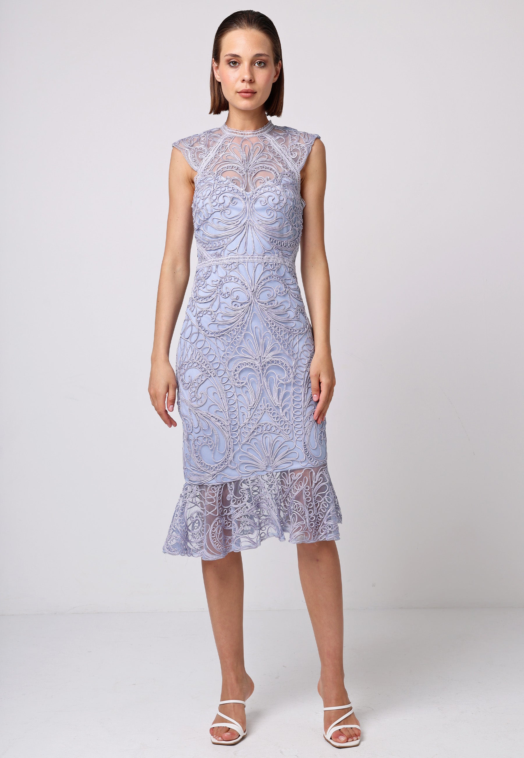 Lace Bodycon Midi Dress in Lavender | ANGELEYE Lace Bodycon Midi Dress in Lavender | ANGELEYE
