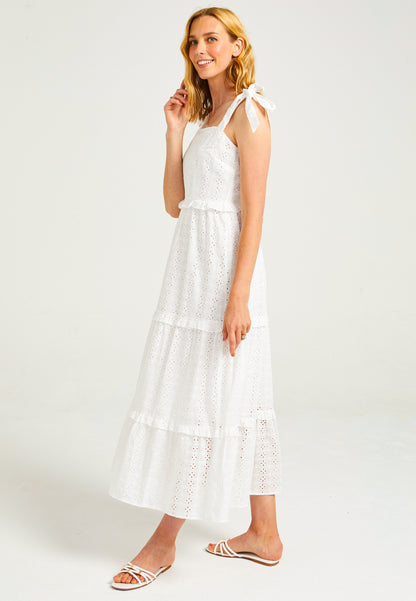 Strappy Tie White Maxi Broderie Tiered Dress - ANGELEYE