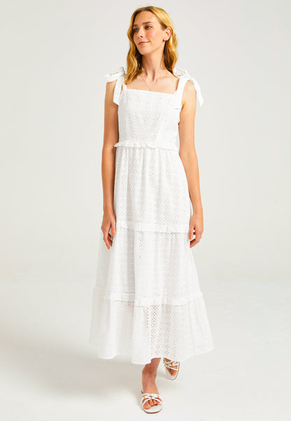 Strappy Tie White Maxi Broderie Tiered Dress - ANGELEYE