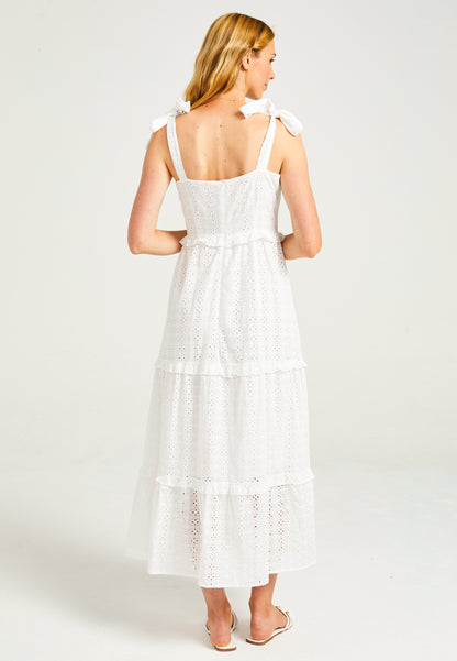 Strappy Tie White Maxi Broderie Tiered Dress - ANGELEYE