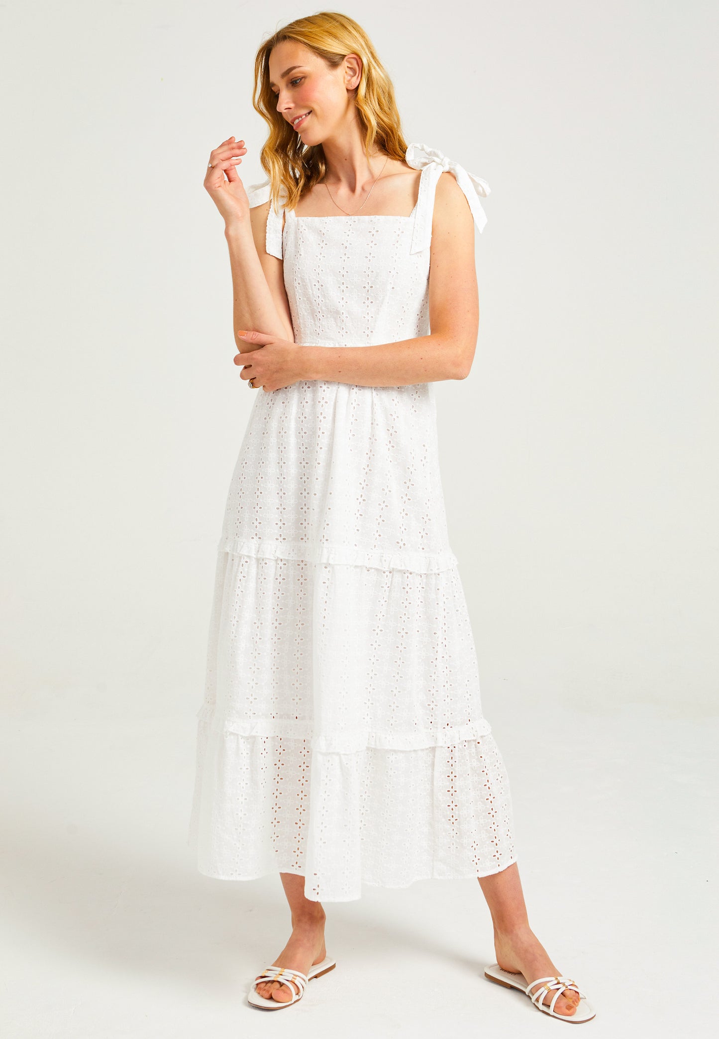 Strappy Tie White Maxi Broderie Tiered Dress