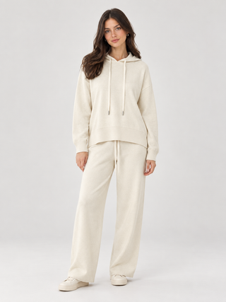 Drawstring Hooded Knitted Pullover Cream