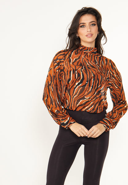 Zebra High Neck Chiffon Blouse in Brown - ANGELEYE