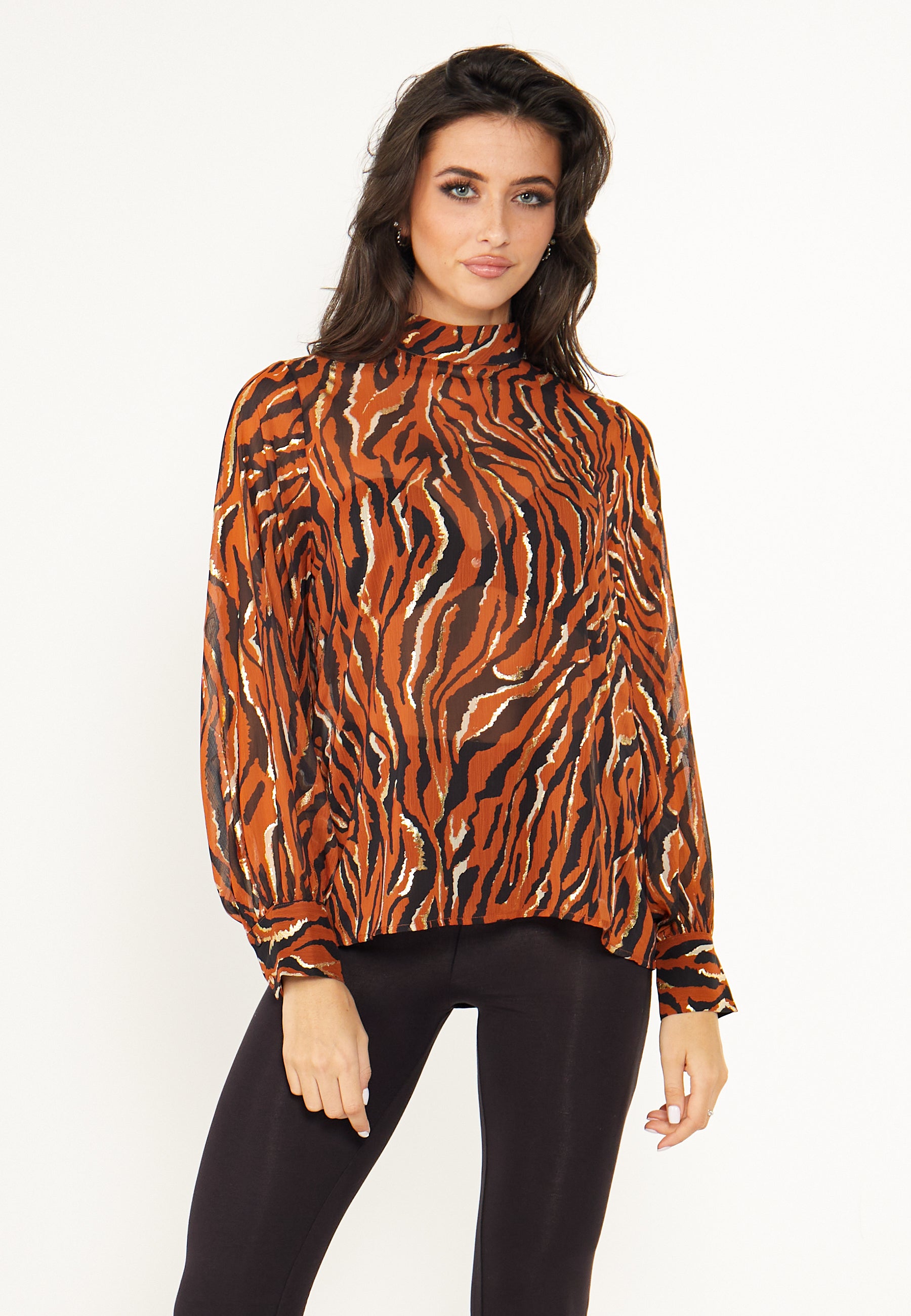 ANGELEYE Zebra High Neck Chiffon Blouse in Brown